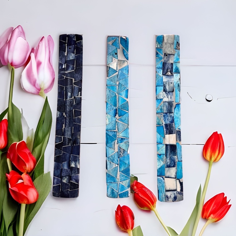 Handmade Set of 3 Wood Incense Holder with Blue Mosaic Inlay Chakra Ash Catcher